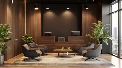 Poster - Professional office waiting area with dark brown walls, cozy gray chairs, and wooden textures for a warm touch