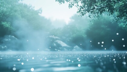 Poster - Misty Morning Tranquility Serene Lake Surrounded by Lush Greenery with Soft Light and Gentle Bokeh