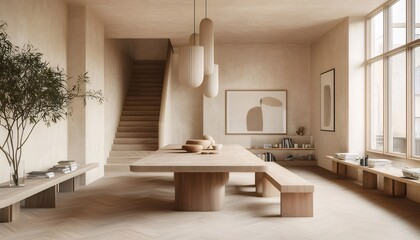 Wall Mural - Minimalist wooden dining room interior design