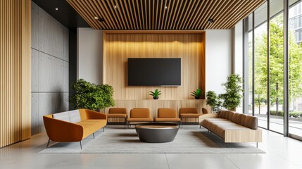 Poster - Welcoming office lobby with wooden decor, modern seating, and a large TV, designed for a pleasant wait