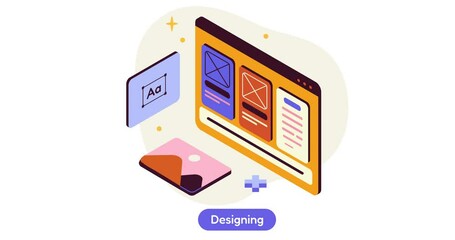 Aufkleber - Software creation. Moving 3D banner with design project for future digital product. Website programming and development. Program creation stage. Isometric style graphic animated video clip