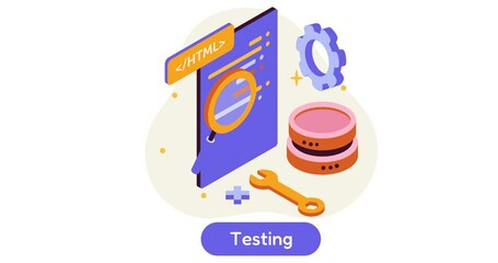 Aufkleber - Software creation. Moving 3D banner with process of testing new digital product and correcting errors in program code. Program development stage. Isometric style graphic animated video clip