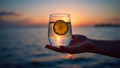 Refreshing drink at dusk, citrus and water creating a serene moment, where the sky meets the sea and the air is fresh and natural.