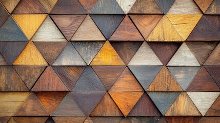 Poster - Close-up of a geometric wood wall with interlocking triangular panels in earthy tones, creating a stylish and decorative background