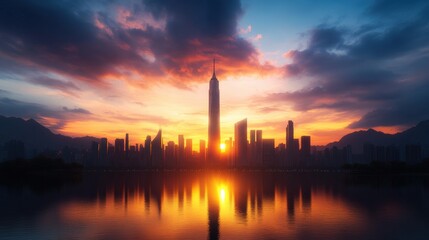 Poster - City skyline at sunset with dramatic silhouette of manhattan skyline in the background against colorful sky