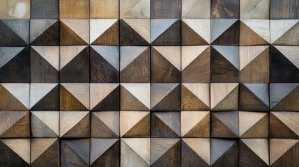 Poster - Close-up of a geometric wood wall with interlocking triangular panels in earthy tones, creating a stylish and decorative background