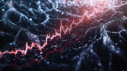 Poster - Close up of a red and black background with a market chart showing business growth and increasing trends