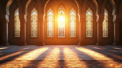 Poster - Golden sunlight streams through stunning stained glass windows, casting colorful patterns on the ornate floor of a mosque during Ramadan, symbolizing reflection and spirituality