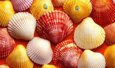 Wall Mural - A vibrant collection of colorful seashells arranged on an orange background, showcasing their unique patterns