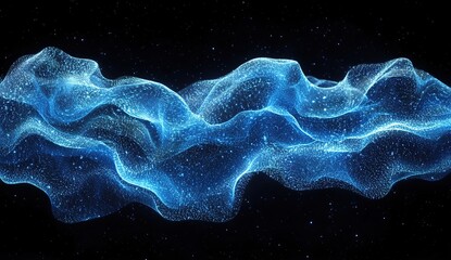 Poster - Abstract Blue Particle Waves Flowing Dynamically Across Dark Background, Creating Stunning Visual Effects