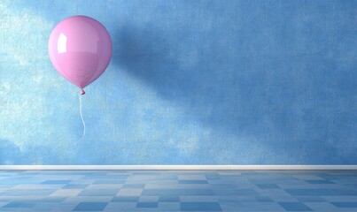 Wall Mural - A vibrant pink balloon floating against a textured blue wall in a serene indoor setting