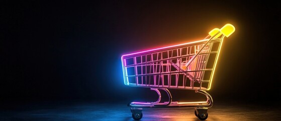 Poster - Shopping cart with neon lights glowing against a dark background in a high fidelity image