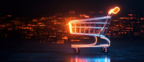 Poster - Shopping cart with glowing neon lights on a dark background in a high fidelity image