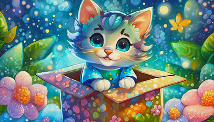 Poster - OIL PAINTING STYLE Cartoon character illustration  cute small kitten playing in the paper box