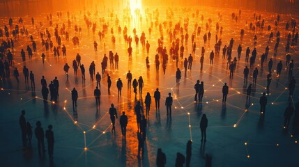 Wall Mural - global network connection, crowd gathering at sunset, digital communication concept, website banner
