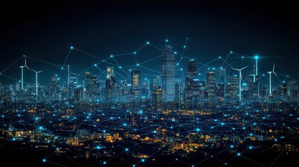 Wall Mural - smart city at night, wind turbines, network, energy