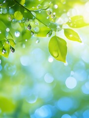 Aufkleber - Close up view of green leaves with droplets of water reflecting sunlight in a vibrant natural setting. Generative AI