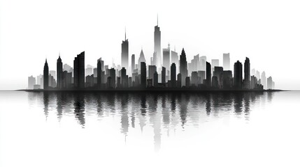Cityscape skyline reflection, urban waterfront, misty background, design element