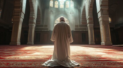 Poster - In a tranquil mosque, a Muslim man bows in prayer, surrounded by intricate architecture and warm sunlight filtering through stained glass windows, creating a calming atmosphere