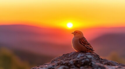 Poster - Bird silhouette on a rock during sunset captured by minimalist photographer in high fidelity