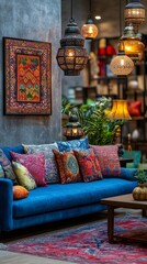 Poster - A cozy living room showcases a stunning blue couch layered with colorful patterned cushions. Elegant lanterns illuminate the space, creating a warm and inviting atmosphere perfect for relaxation