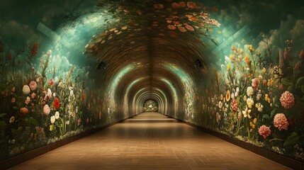 Wall Mural - a long tunnel with a mural of flowers on the wall