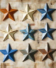 Poster - A vibrant arrangement of stylized stars in various colors, set against a textured background, showcasing a rustic aesthetic