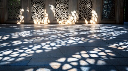 Poster - Soft light filters through ornate window designs, casting delicate shadows on stone floors. The interplay of light and darkness creates a serene atmosphere, inviting reflection
