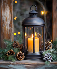 Poster - A warm lantern with a glowing candle surrounded by pinecones and greenery creates a cozy, inviting atmosphere in a rustic setting