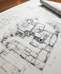 Fototapete - An architectural blueprint showcases a detailed layout of a house with surrounding structures, highlighting design elements in a sketch format