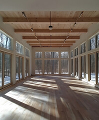 Aufkleber - A spacious, sunlit room with large windows and wooden beams, surrounded by a serene forest landscape, showcasing natural light and modern design
