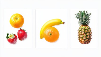 Wall Mural - Fresh fruit collage orange, banana, strawberry, pineapple on white.  Use healthy eating, recipe blogs