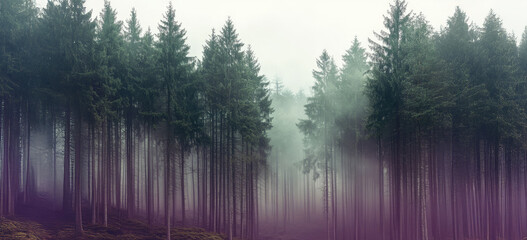 Wall Mural - misty landscape with mountains and dark moody fir forest in hipster vintage retro style