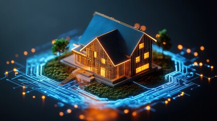 Poster - Modern house with blue roof and green roof featuring hologram technology in futuristic design