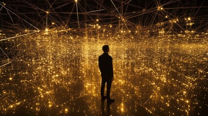 Aufkleber - Person Standing in a Bright Network of Golden Lights and Connections
