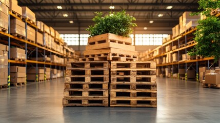 Poster - Modern logistics warehouse interior with green plants and organized storage areas for efficient operations
