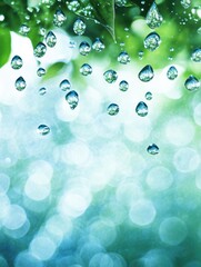 Poster - Water droplets glistening on green leaves in a lush garden environment after rain. Generative AI