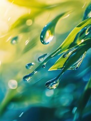 Aufkleber - Close up of dew drops on green grass blades with a soft light background reflecting natures beauty in morning light. Generative AI