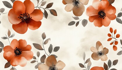 Canvas Print - Watercolor Floral Frame, Dusty Orange And Beige Flowers, Gentle Soft, Delicate Invitation Background