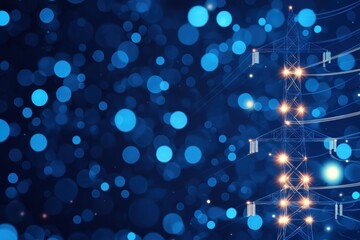 Poster - High Voltage Power Tower with Glowing Energy Against a Blue Bokeh Background