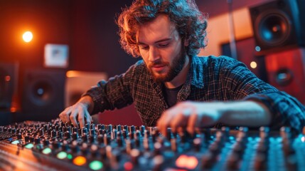 Audio specialist working in a control room, optimizing music tracks with digital tools