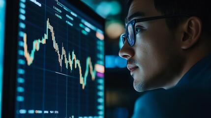 Poster - focused man analyzing stock market data on computer screen businessman studying financial charts inv