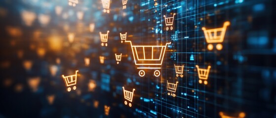 Aufkleber - Computer screen displaying icons with neon-lit digital interface featuring shopping cart icon