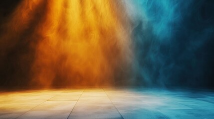 Poster - a vibrant scene with beams of orange and blue light illuminating a textured surface, creating a dram