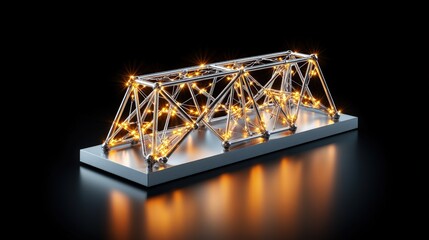 Aufkleber - White and orange light sculpture with network connected metal lines and dots against black background