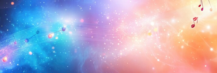 Fototapete - Colorful music themed backdrop with swirling light and notes creating an enchanting atmosphere at dusk. Generative AI