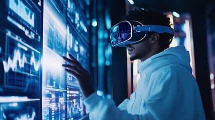Poster - futuristic man in vr headset interacting with digital data screen advanced technology blue interface