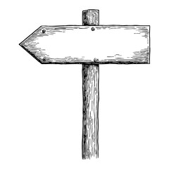 Wall Mural - blank wooden signpost arrow in black and white vintage detailed outline line art drawing
