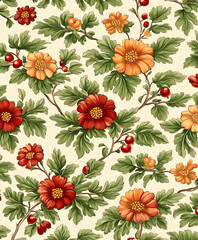 Poster - A vibrant floral pattern featuring orange, red, and yellow flowers intertwined with green leaves and berries on a light background