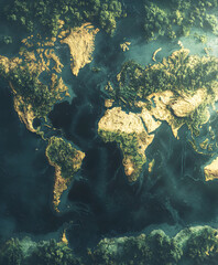 Poster - A detailed world map showcasing continents and oceans with textured greenery and earth tones, illustrating global geography